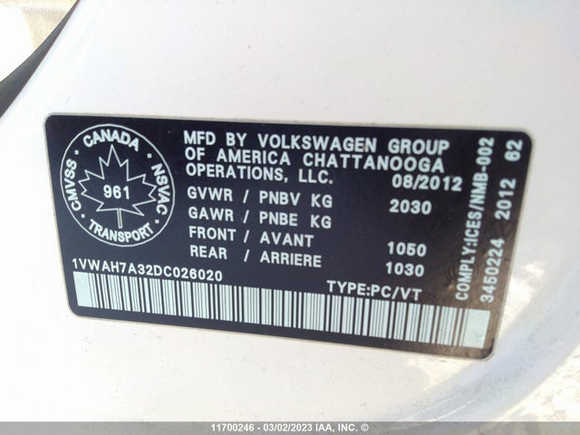 Volkswagen PASSAT S 2013 1VWAH7A32DC026020 Image 10