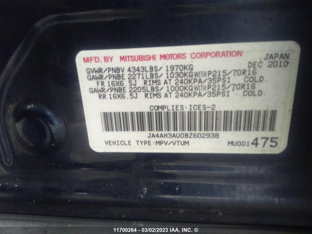 JA4AH3AU0BZ602938 Mitsubishi RVR SE