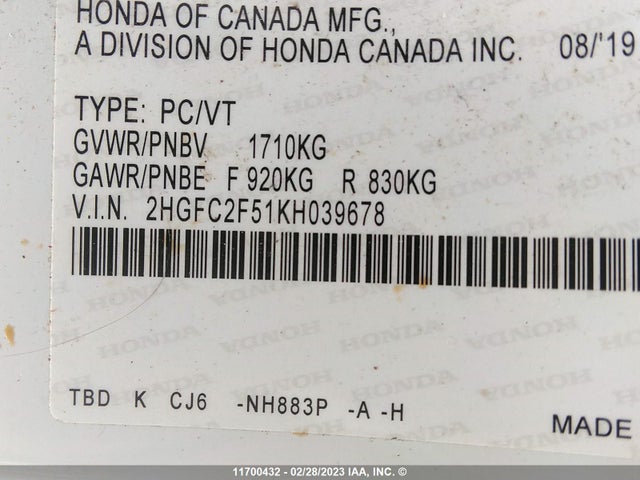 Honda Civic Lx 2019 2HGFC2F51KH039678 Image 9