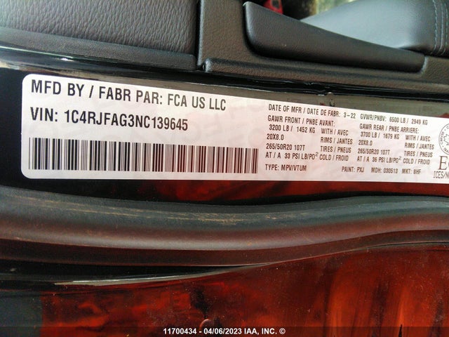 1C4RJFAG3NC139645 Jeep Grand Cherokee