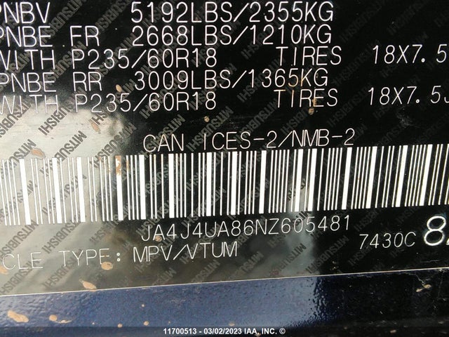 JA4J4UA86NZ605481 Mitsubishi Outlander Se/black Edition