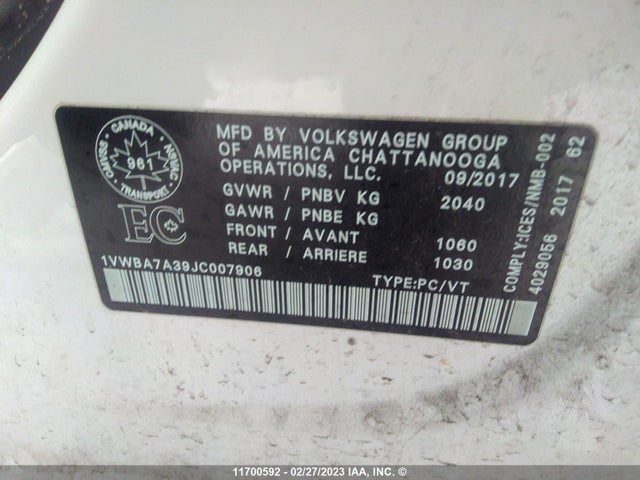 1VWBA7A39JC007906 Volkswagen PASSAT SE