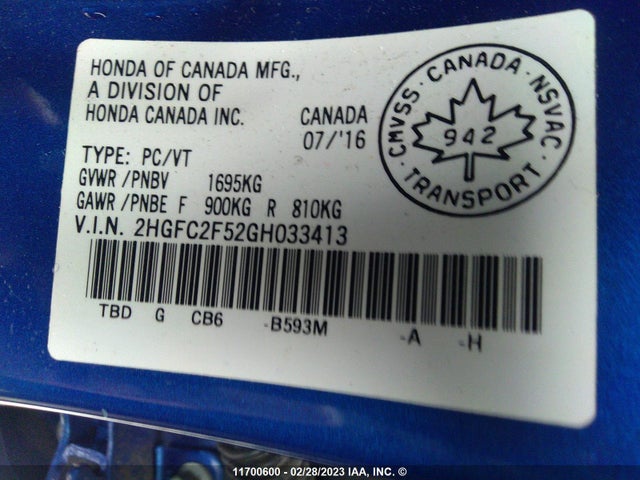 Honda Civic Lx 2016 2HGFC2F52GH033413 Image 9
