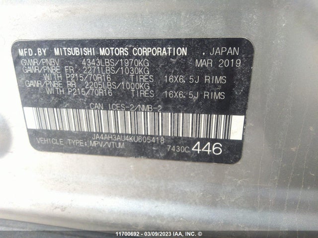 JA4AH3AU4KU605418 Mitsubishi Rvr Se/es