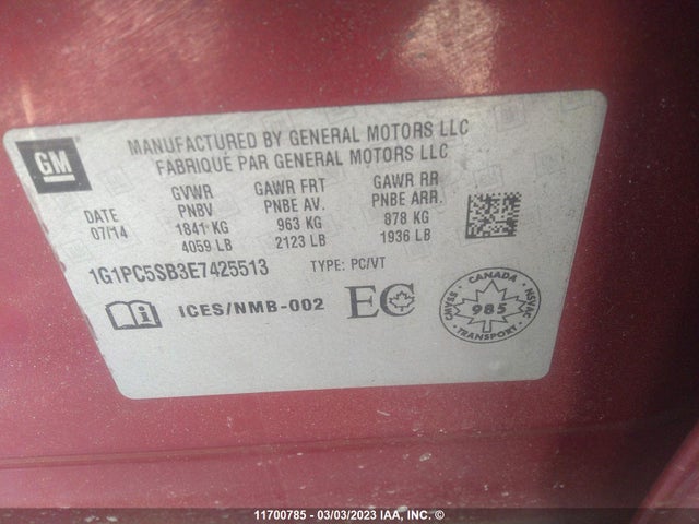 Chevrolet CRUZE LT 2014 1G1PC5SB3E7425513 Image 9