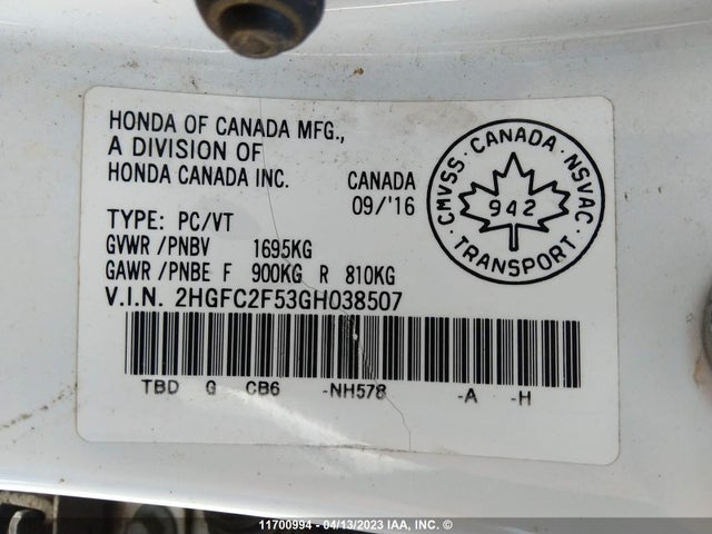 Honda Civic Lx 2016 2HGFC2F53GH038507 Image 9