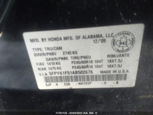 Honda Ridgeline Rtl 2010 5FPYK1F51AB502676 Image 10