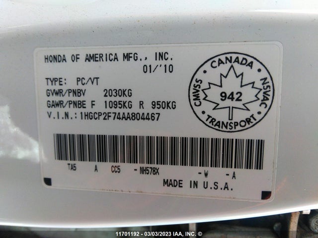 Honda ACCORD EX 2010 1HGCP2F74AA804467 Image 10