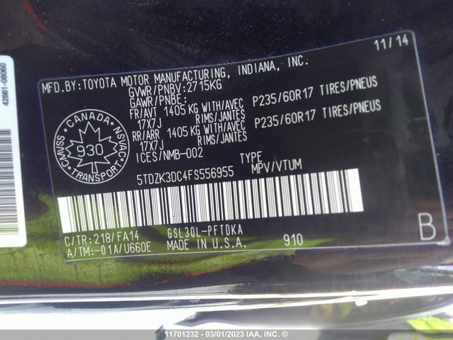 Toyota SIENNA 2015 5TDZK3DC4FS556955 Image 9