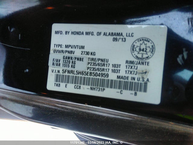 Honda ODYSSEY EXL 2014 5FNRL5H65EB504959 Image 10