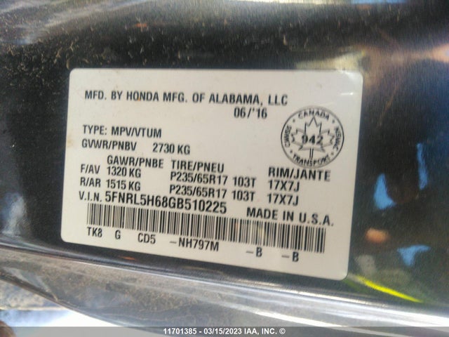 Honda Odyssey 2016 5FNRL5H68GB510225 Image 9