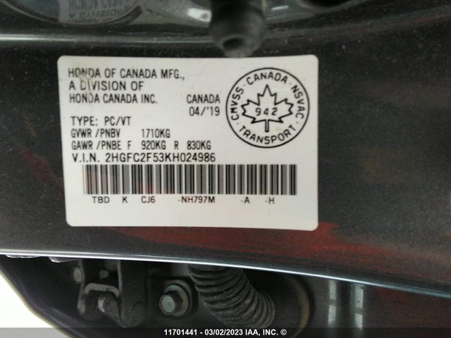 Honda Civic 2019 2HGFC2F53KH024986 Image 9