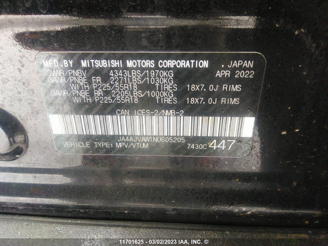 JA4AJVAW1NU605205 Mitsubishi Rvr Se/sel/le/gt