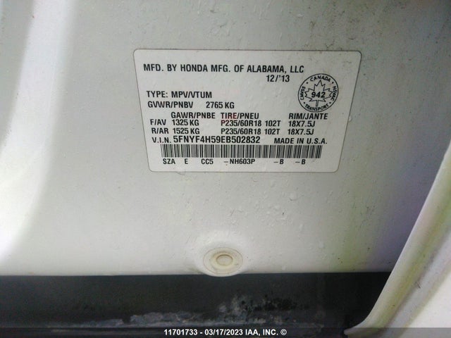 Honda PILOT EXL 2014 5FNYF4H59EB502832 Image 9