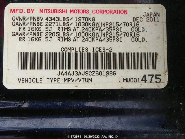 JA4AJ3AU9CZ601986 Mitsubishi RVR SE