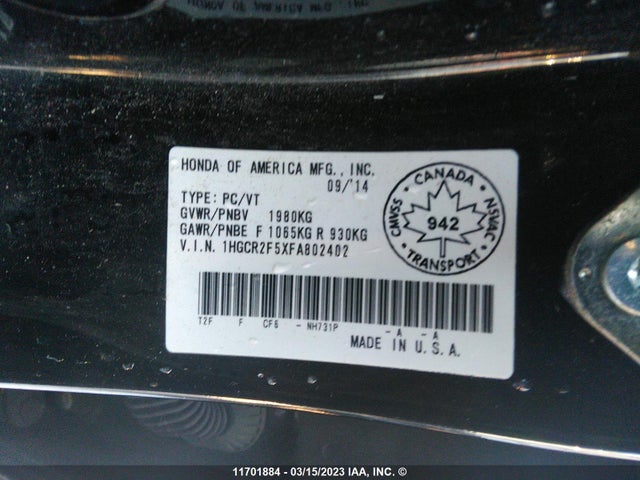 Honda Accord 2015 1HGCR2F5XFA802402 Image 9