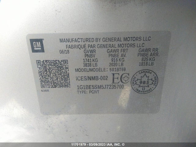 Chevrolet CRUZE LT 2018 1G1BE5SM5J7235700 Image 9