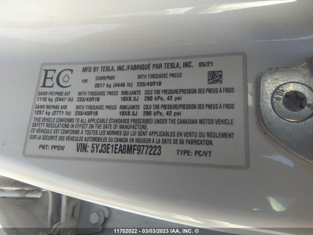 Tesla MODEL 3 2021 5YJ3E1EA8MF977223 Image 9