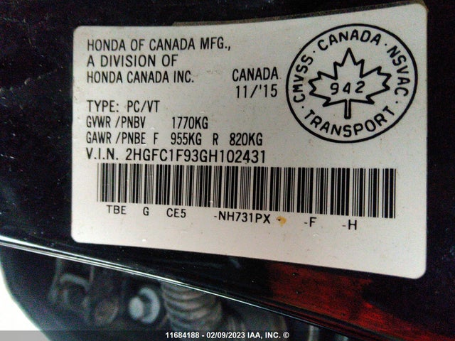 Honda Civic Touring 2016 2HGFC1F93GH102431 Image 9