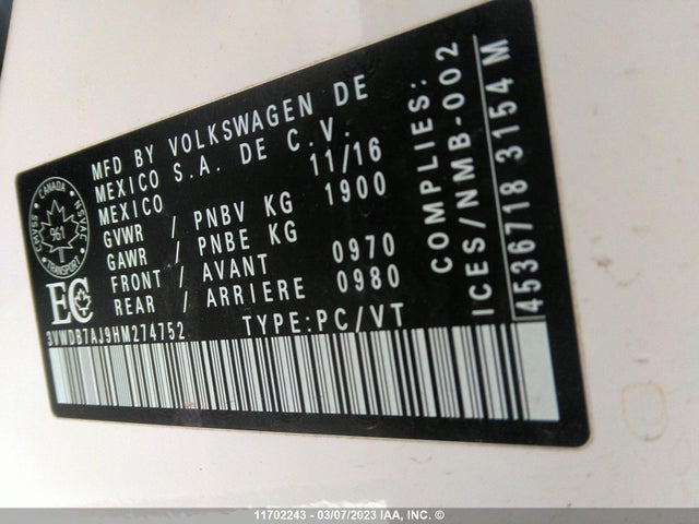 Volkswagen JETTA SE 2017 3VWDB7AJ9HM274752 Image 10