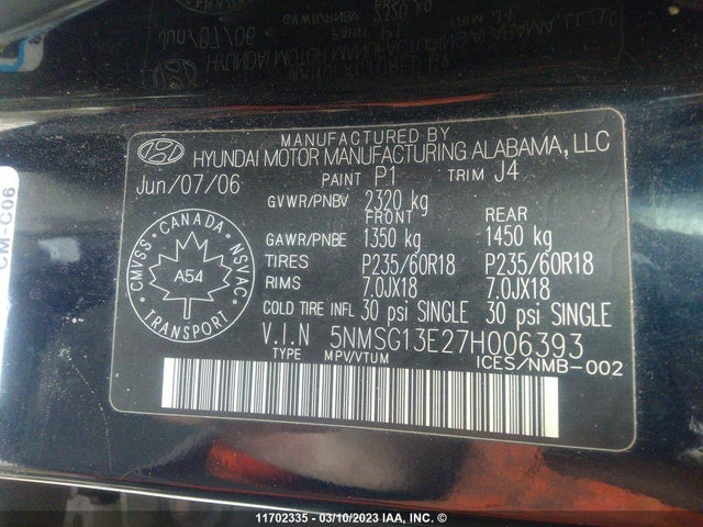 Hyundai Santa Fe Gl 2007 5NMSG13E27H006393 Image 10