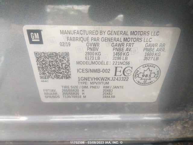 Chevrolet Traverse Lt 2019 1GNEVHKW2KJ243322 Image 9