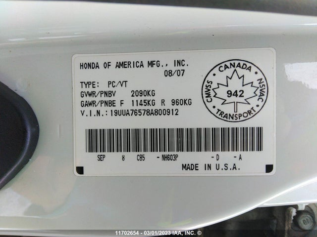 11702654 :رقم المزاد ، 19UUA76578A800912 vin ، 2008 Acura Tl Type S مزاد بيع