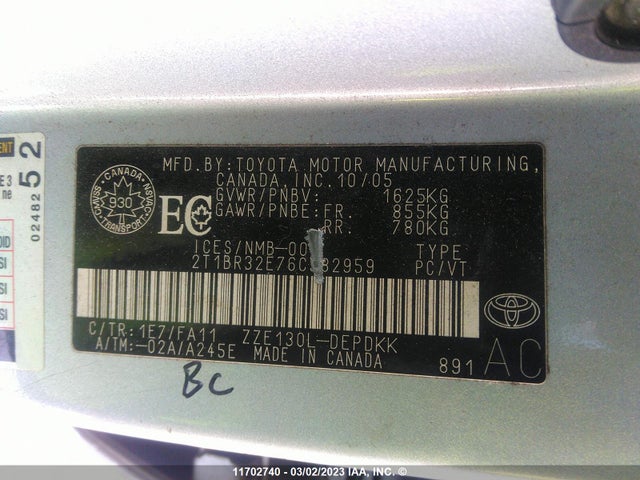 Toyota COROLLA CE/LE/S 2006 2T1BR32E76C582959 Image 10