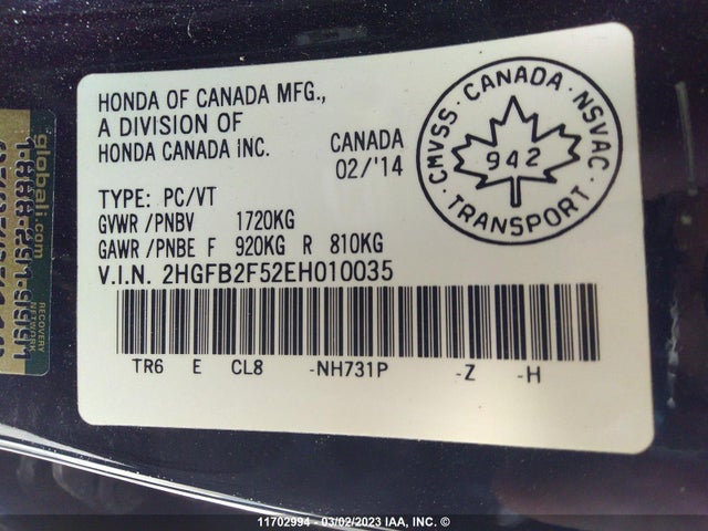Honda Civic Lx 2014 2HGFB2F52EH010035 Image 9