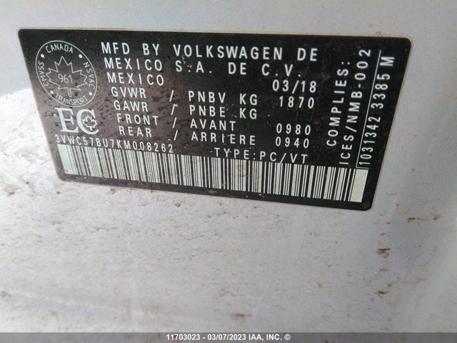 3VWC57BU7KM008262 Volkswagen Jetta S/se/r-line