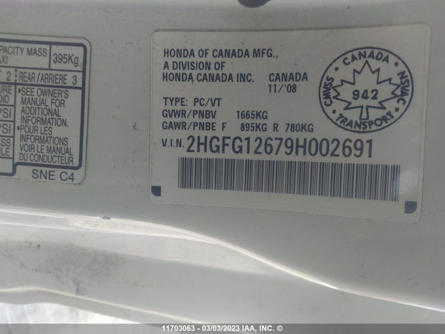 Honda Civic Lx 2009 2HGFG12679H002691 Image 10