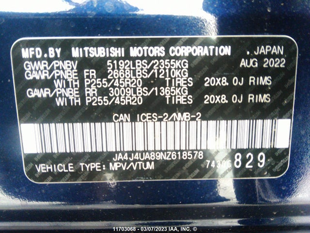 JA4JAUAB9N7618578 Mitsubishi Outlander Se/black Edition