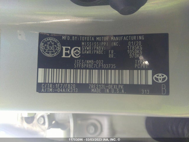 Toyota COROLLA LE 2020 5YFBPRBE7LP103735 Image 10