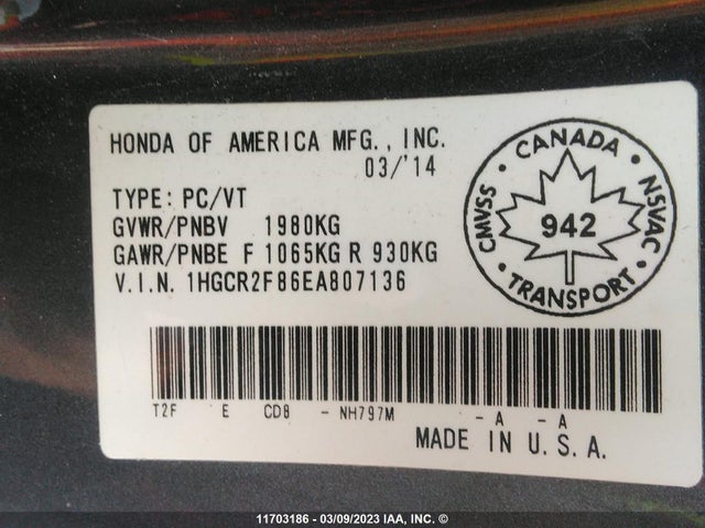 Honda Accord 2014 1HGCR2F86EA807136 Image 9