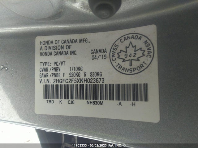Honda Civic Lx 2019 2HGFC2F5XKH023673 Image 9