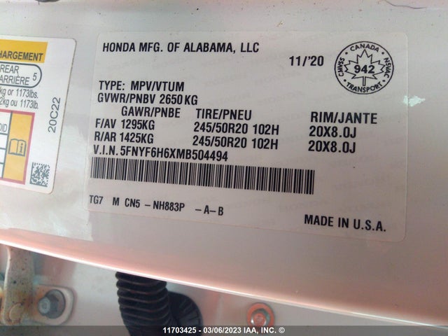 Honda Pilot Touring 2021 5FNYF6H6XMB504494 Image 10