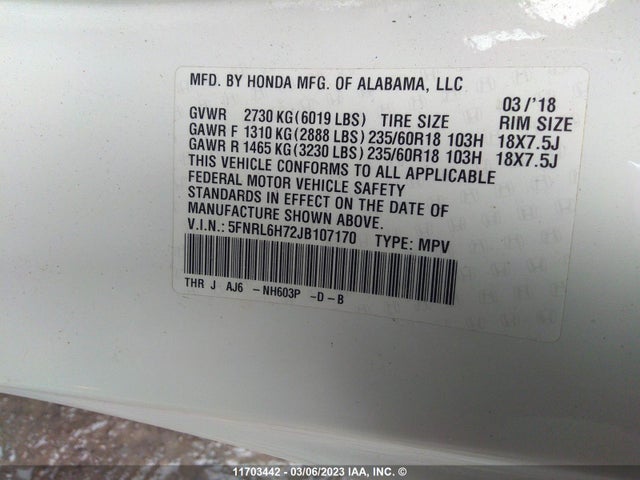 Honda ODYSSEY EXL 2018 5FNRL6H72JB107170 Image 9