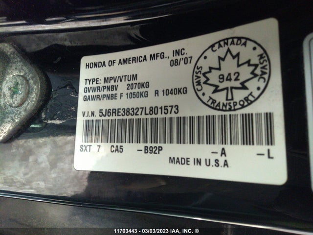 Honda CR-V LX 2007 5J6RE38327L801573 Image 10