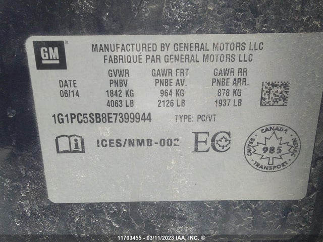 Chevrolet CRUZE LT 2014 1G1PC5SB8E7399944 Image 9