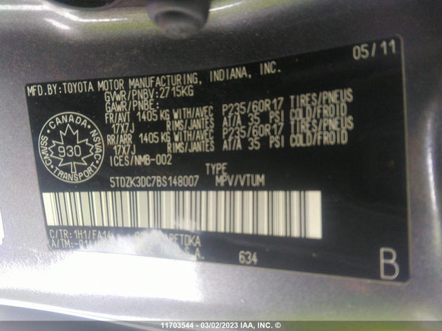 Toyota SIENNA 2011 5TDZK3DC7BS148007 Image 10