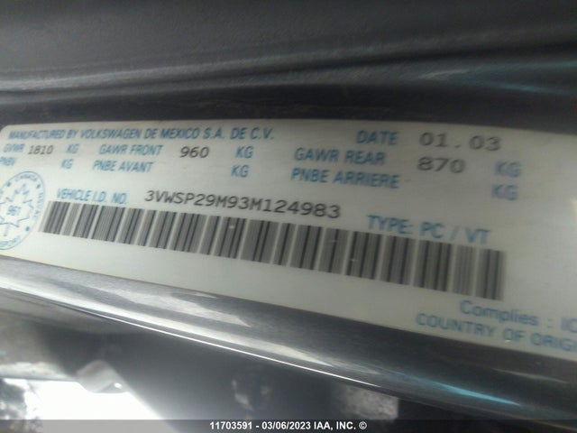 Volkswagen Jetta Gls Tdi 2003 3VWSP29M93M124983 Image 11