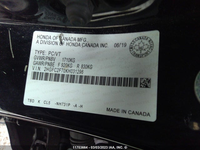 Honda Civic 2019 2HGFC2F70KH031296 Image 9