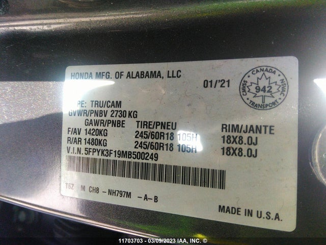 Honda Ridgeline Sport 2021 5FPYK3F19MB500249 Image 9