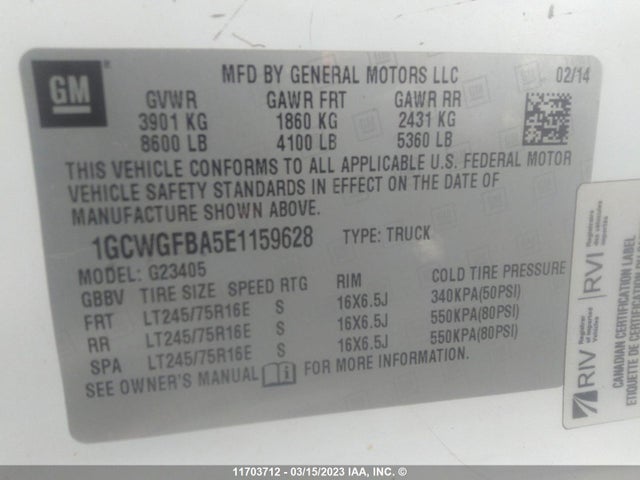 Chevrolet Express G2500 2014 1GCWGFBA5E1159628 Image 9