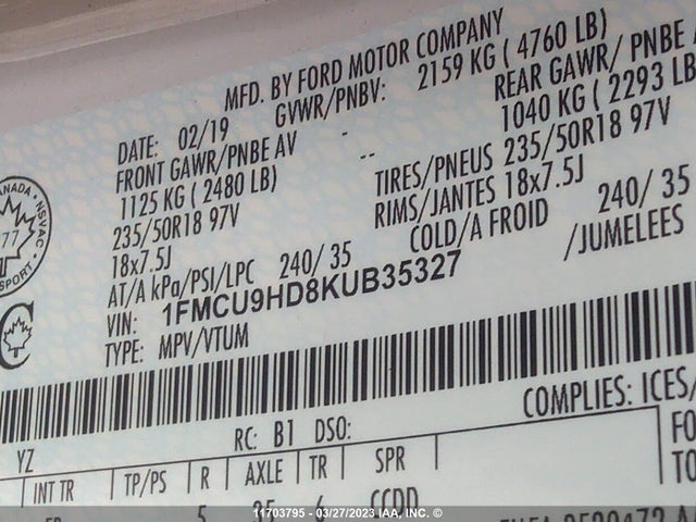 Ford ESCAPE SEL 2019 1FMCU9HD8KUB35327 Image 9
