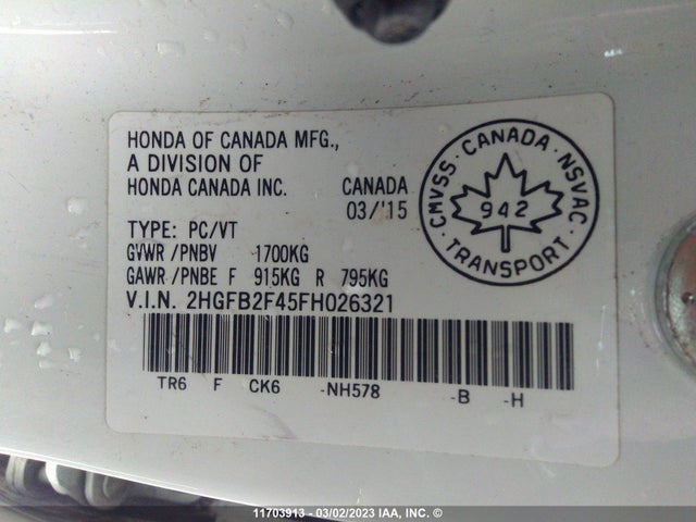 Honda Civic Lx 2015 2HGFB2F45FH026321 Image 9