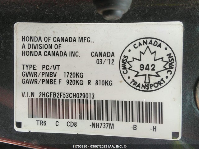 Honda Civic Lx 2012 2HGFB2F53CH029013 Image 11