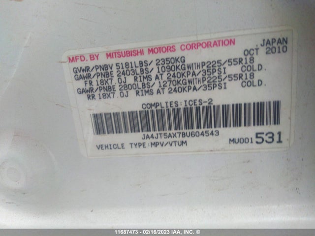 JA4JT5AX7BU604543 Mitsubishi OUTLANDER GT