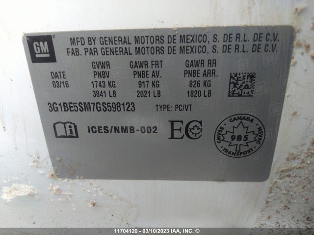 Chevrolet CRUZE LT 2016 3G1BE5SM7GS598123 Image 9