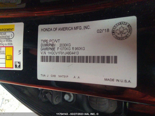 Honda Accord Touring 2018 1HGCV1F91JA804413 Image 9